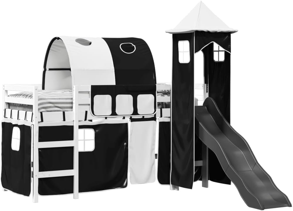 Lit mezzanine enfants avec tour blanc/noir 80x200cm pin massif