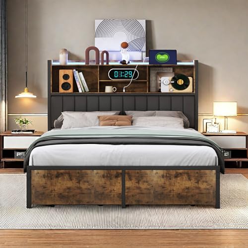 Double Upholstered Bed 160x200, Adult Metal Bed with 2 Drawers Storage Bed LED Upholstered Bed with USB Charging Double Bed with Storage Headboard Wood and Metal Storage Bed (160 x 200 cm)