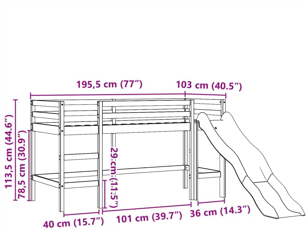 Lit mezzanine enfants avec tour blanc/noir 80x200cm pin massif