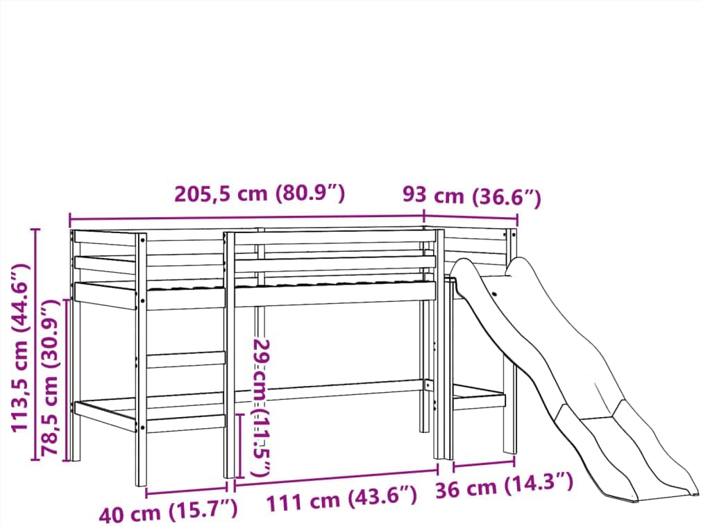 Lit mezzanine enfants avec tour blanc/noir 80x200cm pin massif