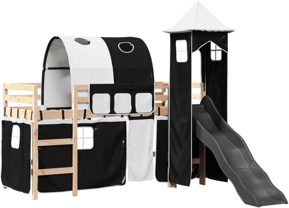 Lit mezzanine enfants avec tour blanc/noir 80x200cm pin massif