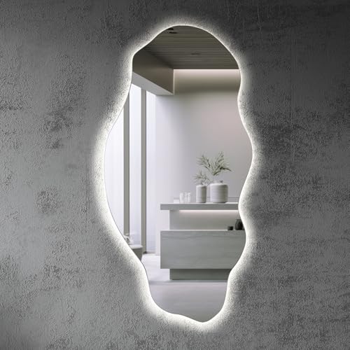 Tulup Miroir LED 50x100 cm Grand Moderne Irrégulier Miroir mural Organique Asymétrique Tache pour Salle de Bains Salon Vertical avec éclairage Lumière chaude