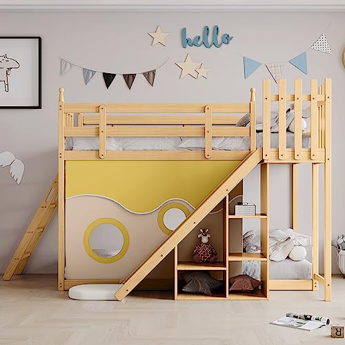 Lit superposé en bois avec escalier et clôtures, rideau de lit, toboggan et étagère, lit pour enfant avec protection anti-chute et grille, cadre en pin naturel, 90 x 200 cm