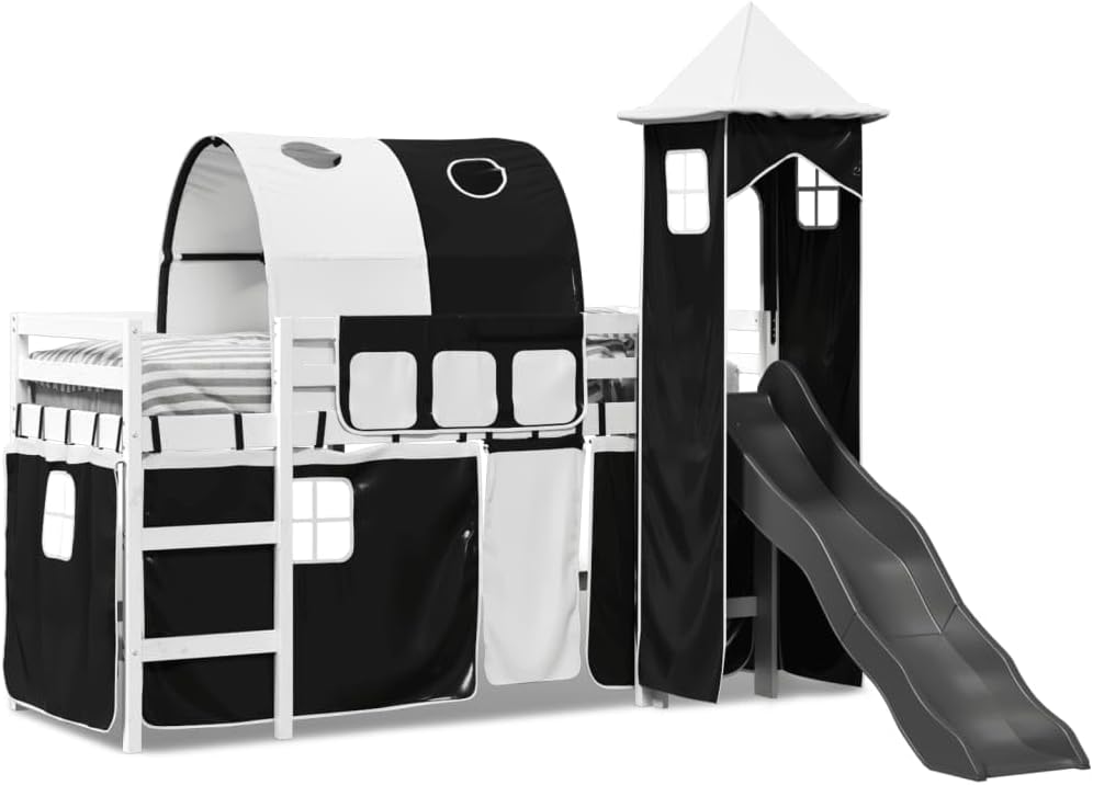 Lit mezzanine enfants avec tour blanc/noir 80x200cm pin massif