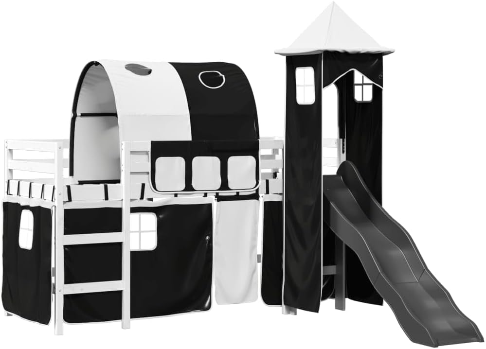 Lit mezzanine enfants avec tour blanc/noir 80x200cm pin massif