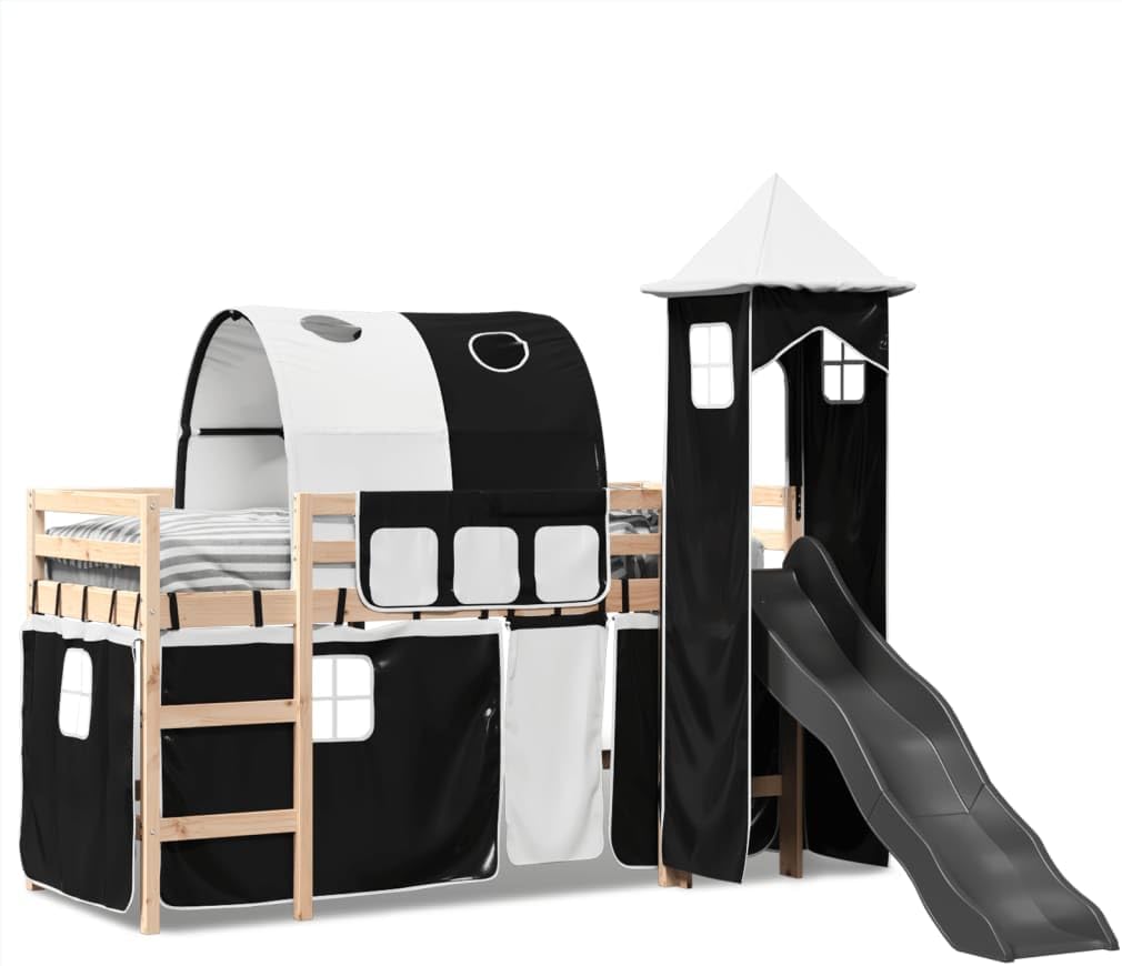 Lit mezzanine enfants avec tour blanc/noir 80x200cm pin massif