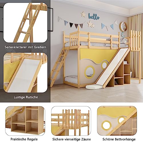 Lit superposé en bois avec escalier et clôtures, rideau de lit, toboggan et étagère, lit pour enfant avec protection anti-chute et grille, cadre en pin naturel, 90 x 200 cm