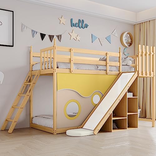 Lit superposé en bois avec escalier et clôtures, rideau de lit, toboggan et étagère, lit pour enfant avec protection anti-chute et grille, cadre en pin naturel, 90 x 200 cm