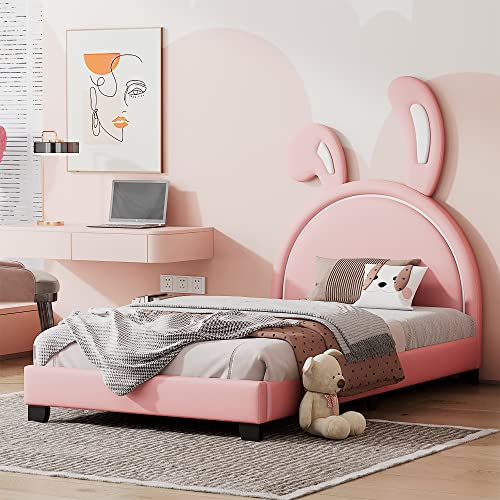 Lit pour enfant 90 x 200 cm avec oreilles de lapin, cuir synthétique, rose, mignon, confortable et peu encombrant