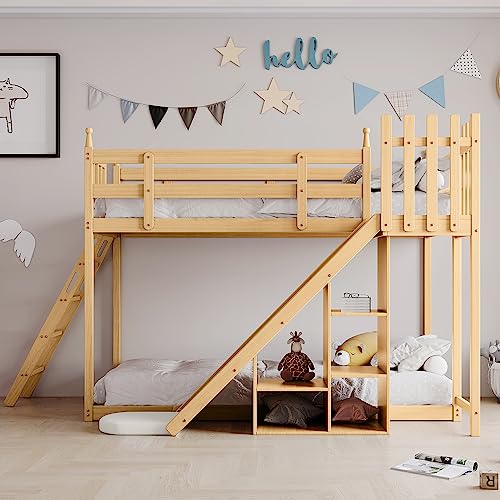 Lit superposé en bois avec escalier et clôtures, rideau de lit, toboggan et étagère, lit pour enfant avec protection anti-chute et grille, cadre en pin naturel, 90 x 200 cm