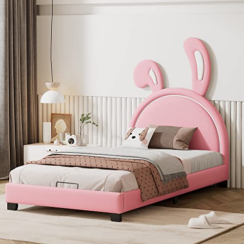 Lit pour enfant 90 x 200 cm avec oreilles de lapin, cuir synthétique, rose, mignon, confortable et peu encombrant