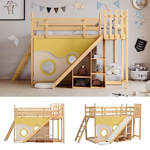 Lit superposé en bois avec escalier et clôtures, rideau de lit, toboggan et étagère, lit pour enfant avec protection anti-chute et grille, cadre en pin naturel, 90 x 200 cm