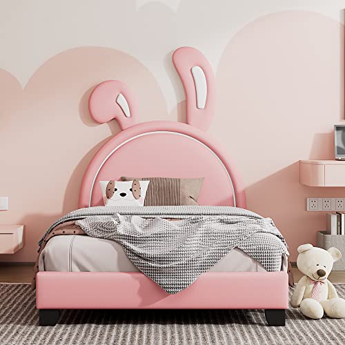 Lit pour enfant 90 x 200 cm avec oreilles de lapin, cuir synthétique, rose, mignon, confortable et peu encombrant