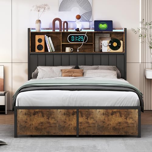 Double Upholstered Bed 160x200, Adult Metal Bed with 2 Drawers Storage Bed LED Upholstered Bed with USB Charging Double Bed with Storage Headboard Wood and Metal Storage Bed (160 x 200 cm)