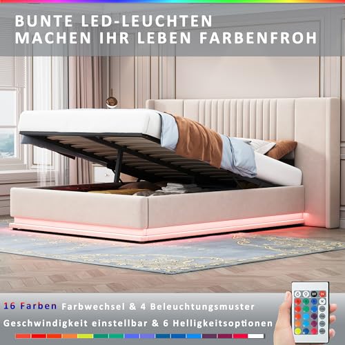 Lit double rembourré de luxe, 140 x 200 cm, avec LED, hydraulique et espace de rangement, lit double en velours beige/gris, tête de lit allongée, charge maximale de 350 kg, sommier à lattes inclus