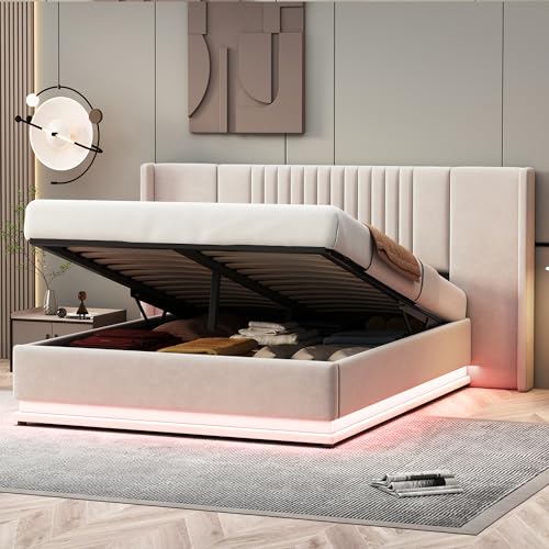 Lit double rembourré de luxe, 140 x 200 cm, avec LED, hydraulique et espace de rangement, lit double en velours beige/gris, tête de lit allongée, charge maximale de 350 kg, sommier à lattes inclus