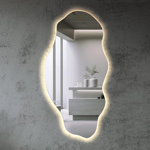 Tulup Miroir LED 50x100 cm Grand Moderne Irrégulier Miroir mural Organique Asymétrique Tache pour Salle de Bains Salon Vertical avec éclairage Lumière chaude