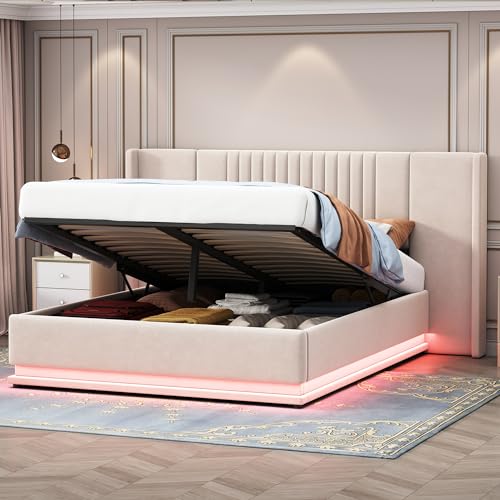 Lit double rembourré de luxe, 140 x 200 cm, avec LED, hydraulique et espace de rangement, lit double en velours beige/gris, tête de lit allongée, charge maximale de 350 kg, sommier à lattes inclus