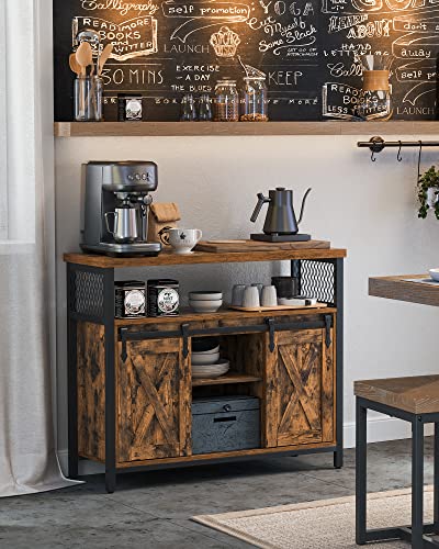 Buffet Cuisine, Meuble de Rangement, Commode, avec 2 Portes Coulissantes, 33 x 100 x 80 cm, Étagères Réglables, pour Salon, Marron Camel et Noir d'encre