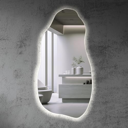 Tulup Miroir LED 50x100 cm Grand Moderne Irrégulier Miroir mural Organique Asymétrique Tache pour Salle de Bains Salon Vertical avec éclairage Lumière chaude