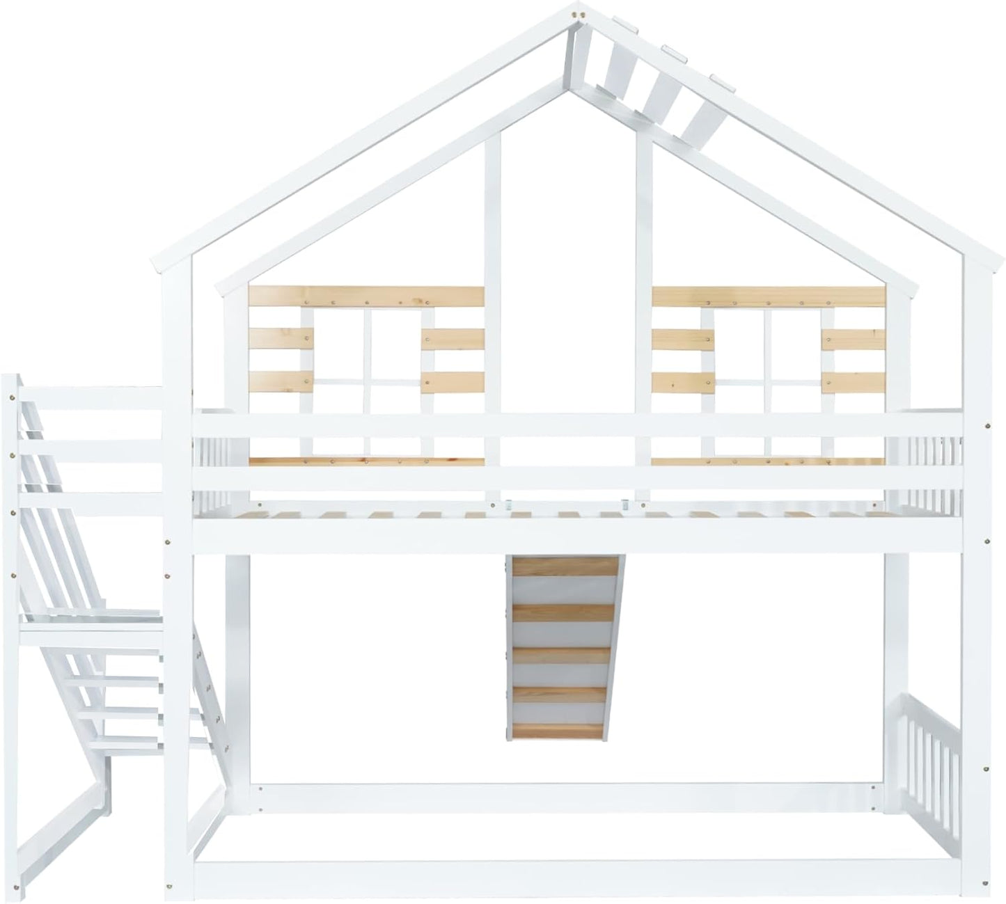 Lit superposé pour enfant en bois avec escalier et barreau, avec toboggan et fenêtre, lit d'enfant avec protection anti-chute, cadre de lit en bois massif, blanc