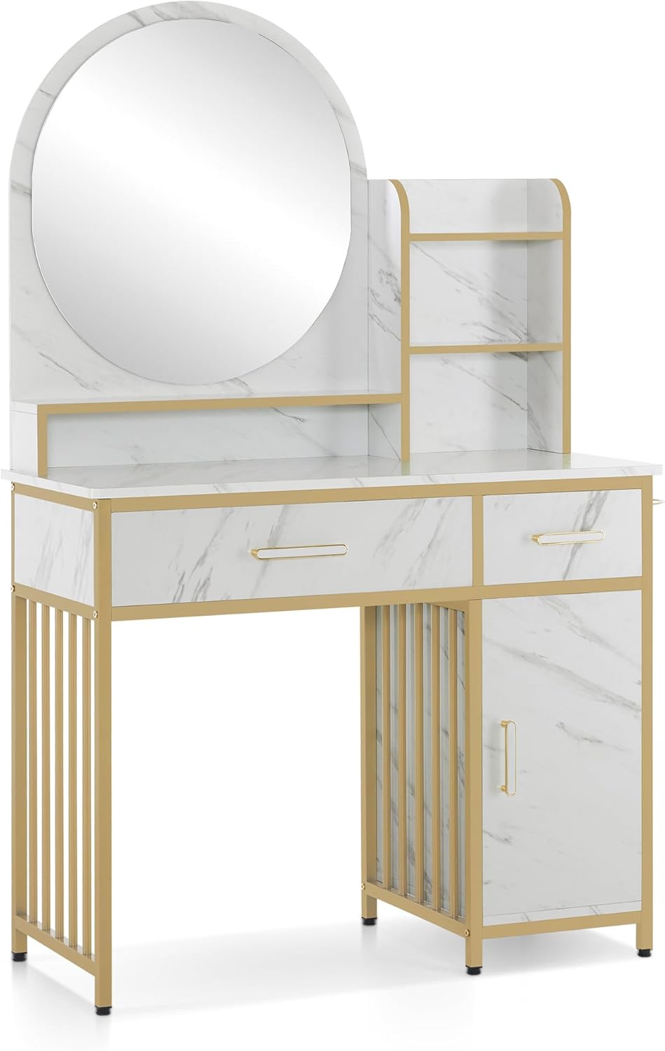 Coiffeuse avec miroir, table de maquillage avec 2 tiroirs, 3 étagères ouvertes, table cosmétique en bois, structure en métal, marbre blanc or, 43 * 104 * 147.5 cm, 2501