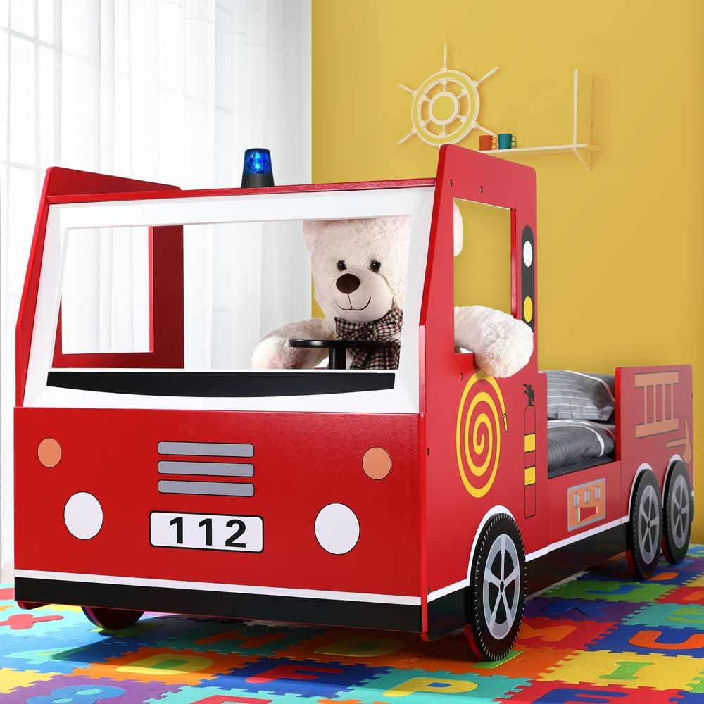 Lit Enfant Design Camion Pompier Rouge 90x200cm Lit pour Enfants avec sommier à Lattes Inclus ludique