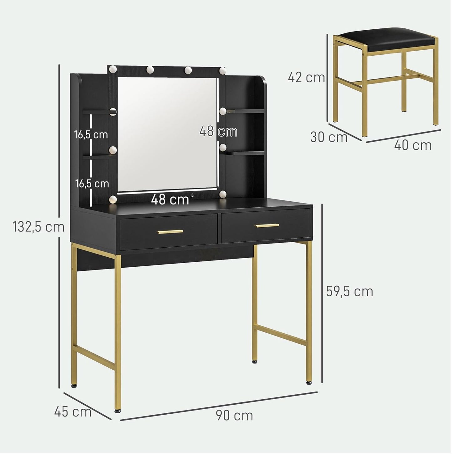 Coiffeuse Table de Maquillage avec Tabouret, Miroir et éclairage intégré, 2 tiroirs, étagères, Coiffeuse Moderne pour Chambre à Coucher, Noir