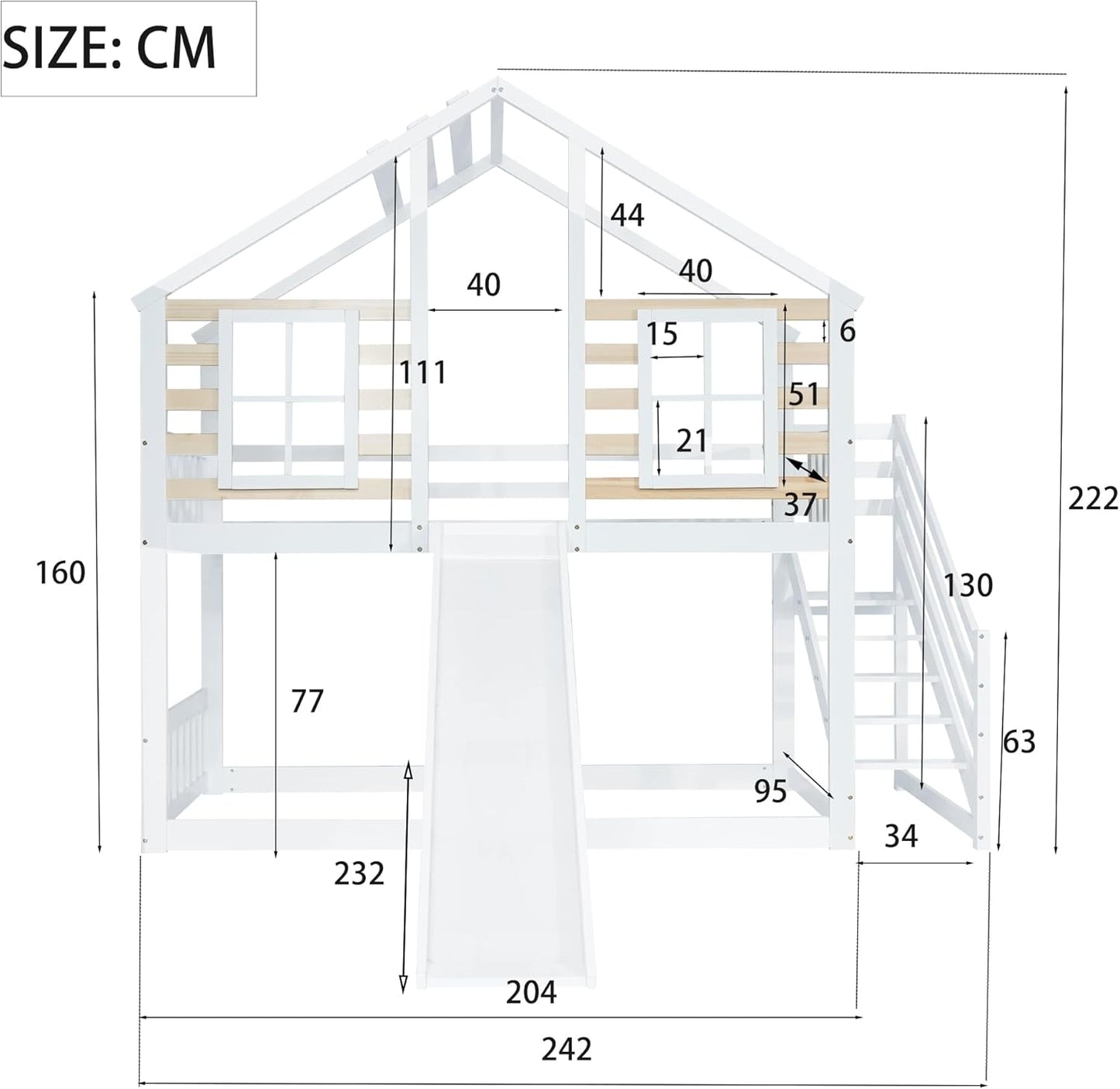 Lit superposé pour enfant en bois avec escalier et barreau, avec toboggan et fenêtre, lit d'enfant avec protection anti-chute, cadre de lit en bois massif, blanc