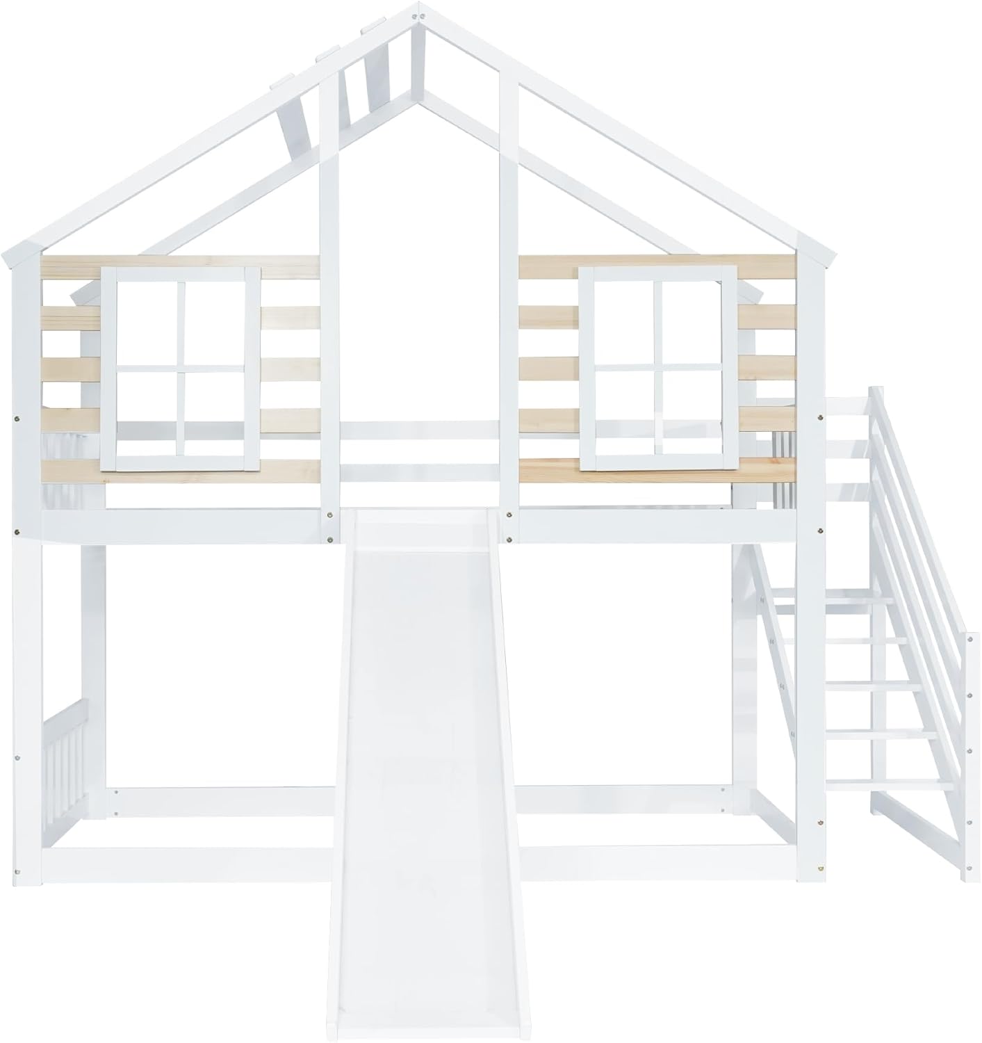 Lit superposé pour enfant en bois avec escalier et barreau, avec toboggan et fenêtre, lit d'enfant avec protection anti-chute, cadre de lit en bois massif, blanc