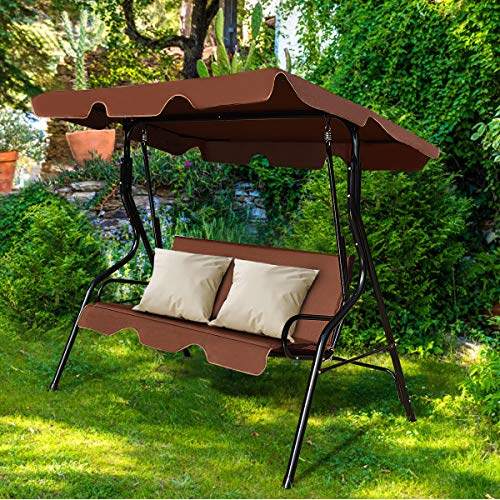 Balancelle de Jardin 3 Places avec Toit Imperméable Capacité de Charge 240 KG, Balancelle Extérieure Toit Réglable, Idéal pour Jardin, Terrasse, Balcon, 170 x 110 x 153 CM (Café)