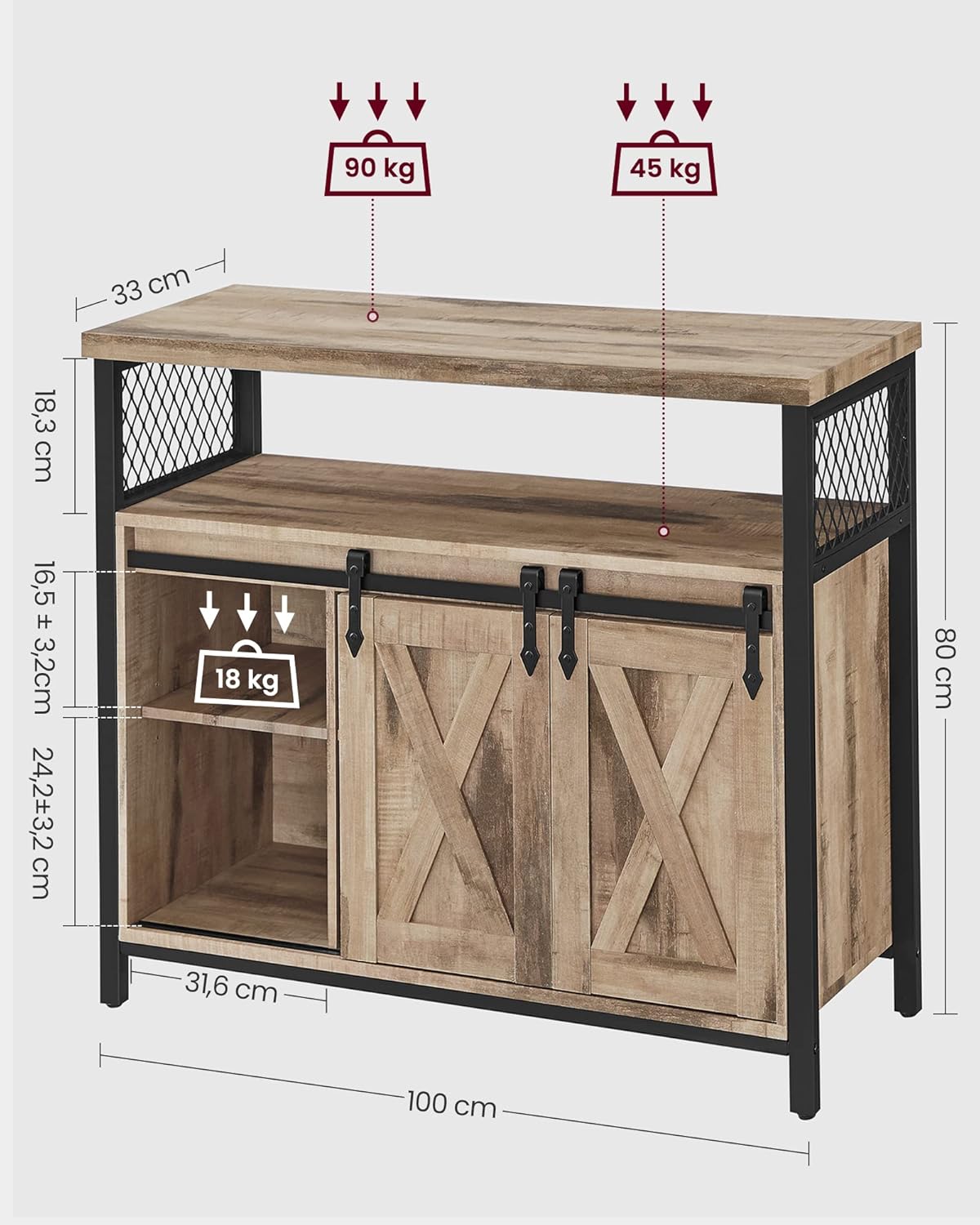 Buffet Cuisine, Meuble de Rangement, Commode, avec 2 Portes Coulissantes, 33 x 100 x 80 cm, Étagères Réglables, pour Salon, Marron Camel et Noir d'encre