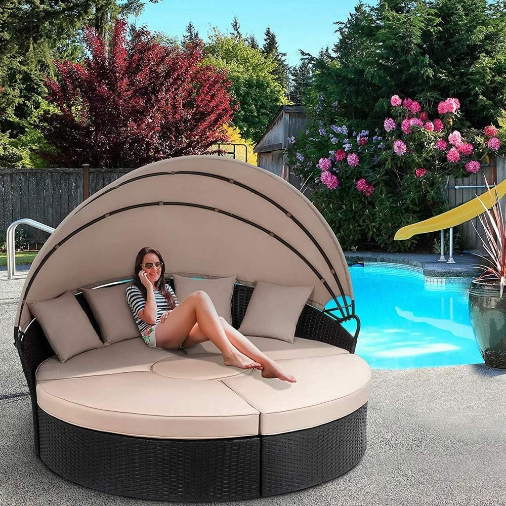 Chaise longue de jardin en rotin synthétique avec toit