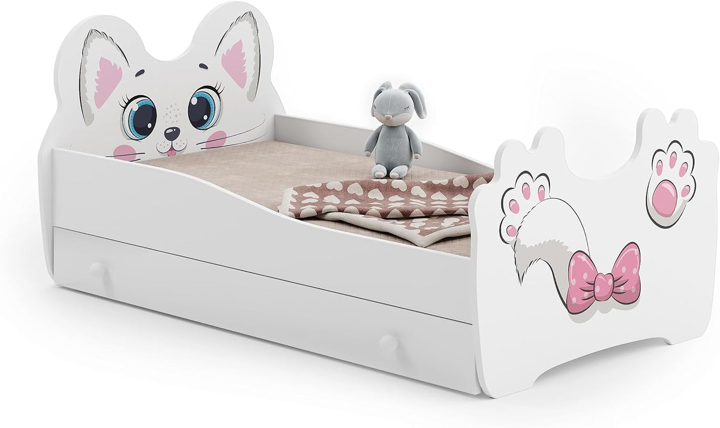 Lit Enfant Chat ou Panda| avec Rangement et Tiroir | 140×70 cm ou 160x80 cm | Lits pour Enfants | avec Un Matelas et Un Cadre