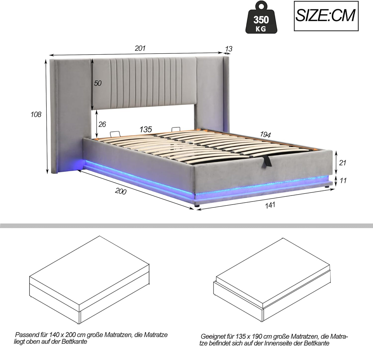 Lit capitonné de luxe 140 x 200 cm avec LED, espace de rangement hydraulique et sommier à lattes – Lit double moderne en velours, tête de lit allongée, charge maximale 350 kg, gris – Lit design