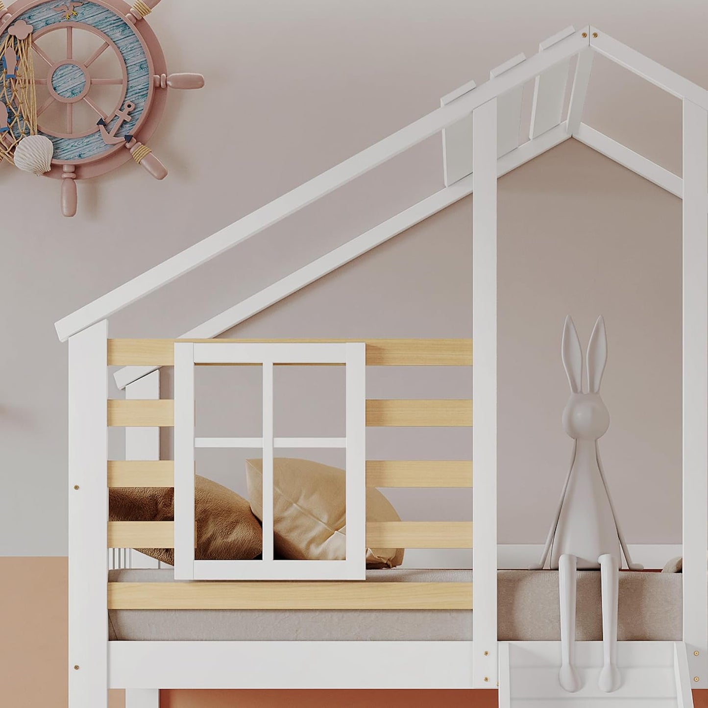 Lit superposé pour enfant en bois avec escalier et barreau, avec toboggan et fenêtre, lit d'enfant avec protection anti-chute, cadre de lit en bois massif, blanc