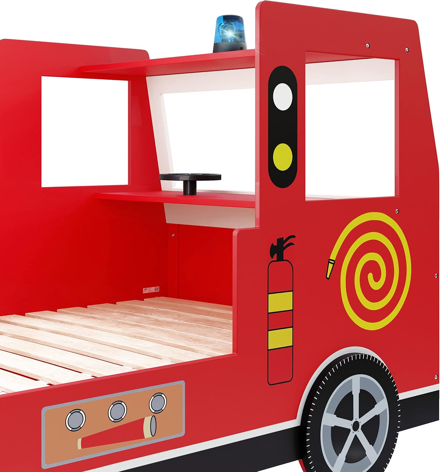 Lit Enfant Design Camion Pompier Rouge 90x200cm Lit pour Enfants avec sommier à Lattes Inclus ludique