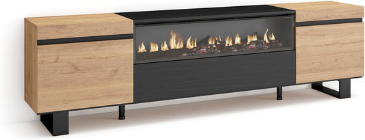 Skraut Home | Meuble TV | Banc Télé | Grand espace de Rangement | 200x57x35cm | Pour les TV jusqu'à 80" | Cheminée électrique | Design industriel | Style moderne | Chêne et noir