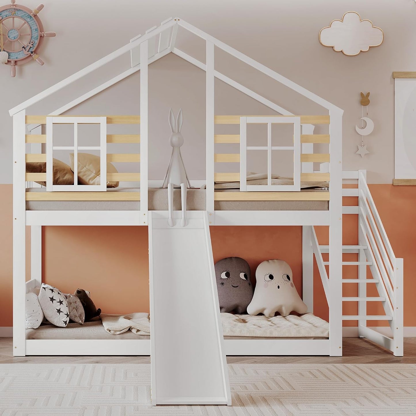 Lit superposé pour enfant en bois avec escalier et barreau, avec toboggan et fenêtre, lit d'enfant avec protection anti-chute, cadre de lit en bois massif, blanc