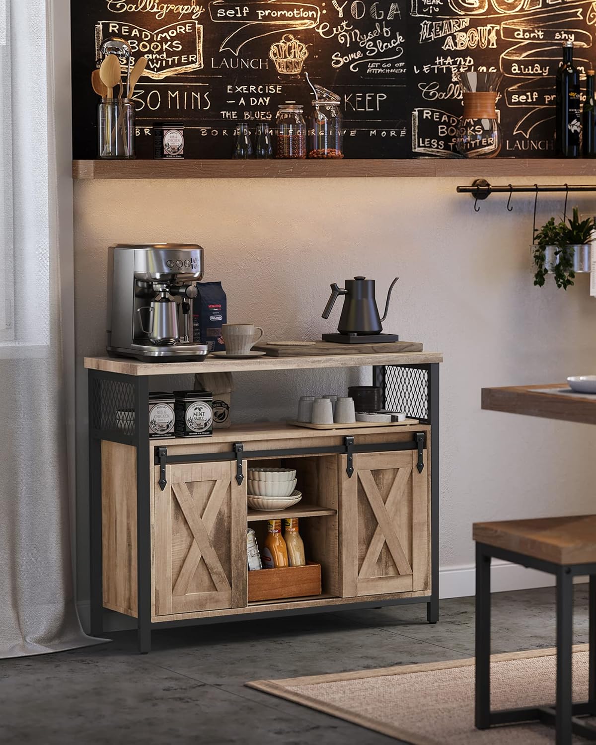 Buffet Cuisine, Meuble de Rangement, Commode, avec 2 Portes Coulissantes, 33 x 100 x 80 cm, Étagères Réglables, pour Salon, Marron Camel et Noir d'encre