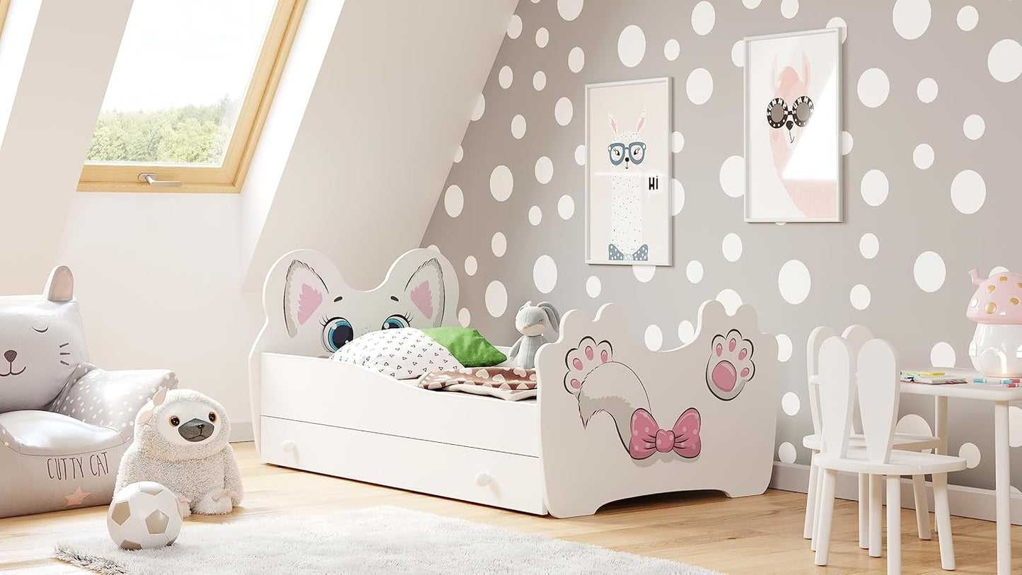 Lit Enfant Chat ou Panda| avec Rangement et Tiroir | 140×70 cm ou 160x80 cm | Lits pour Enfants | avec Un Matelas et Un Cadre