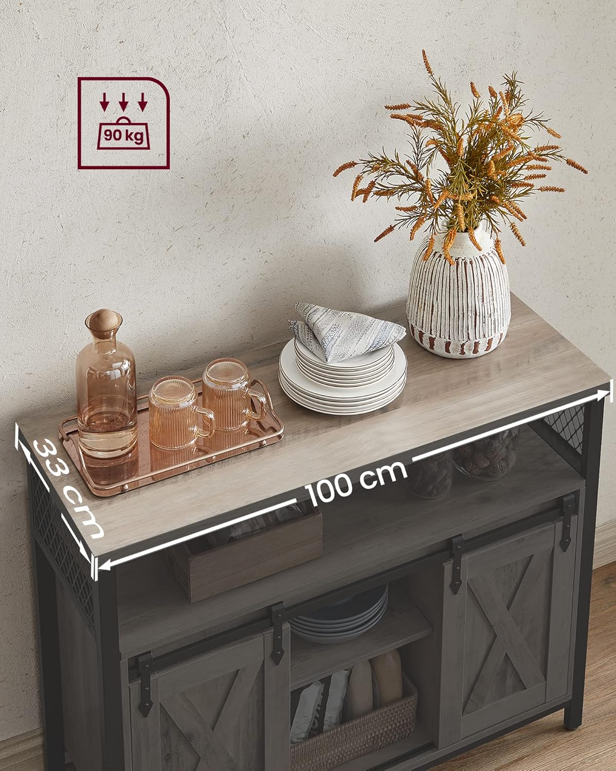 Buffet Cuisine, Meuble de Rangement, Commode, avec 2 Portes Coulissantes, 33 x 100 x 80 cm, Étagères Réglables, pour Salon, Marron Camel et Noir d'encre