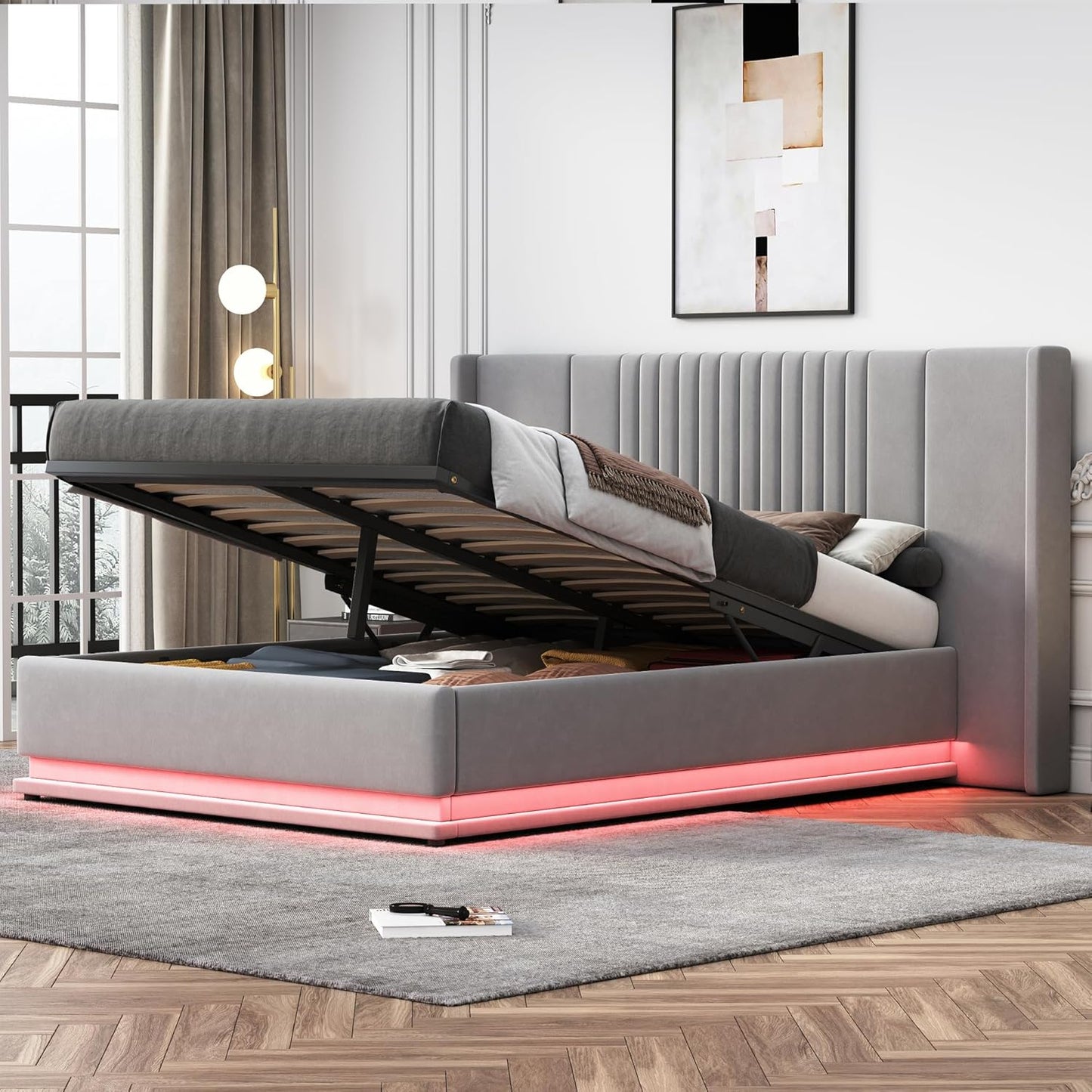 Lit capitonné de luxe 140 x 200 cm avec LED, espace de rangement hydraulique et sommier à lattes – Lit double moderne en velours, tête de lit allongée, charge maximale 350 kg, gris – Lit design