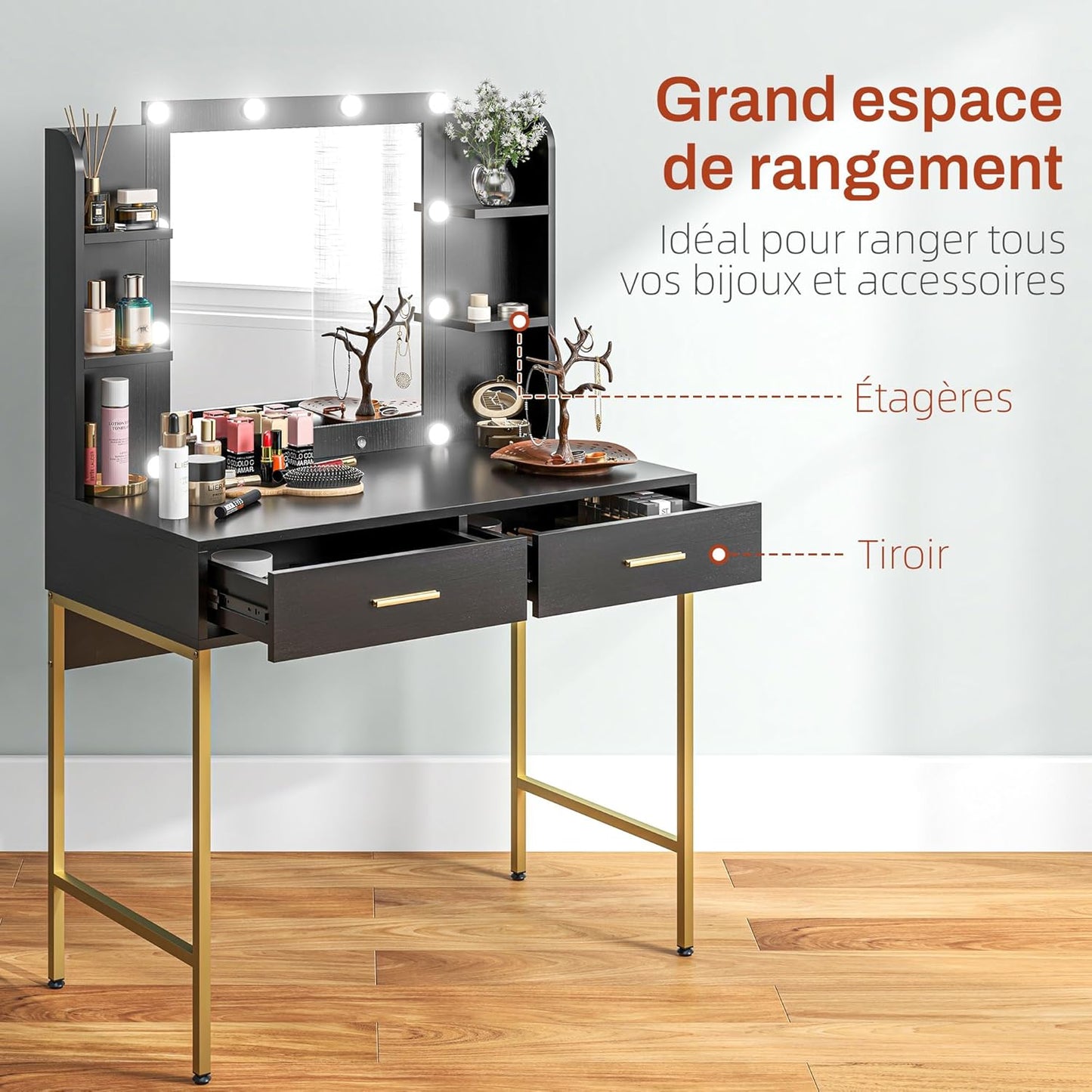 Coiffeuse Table de Maquillage avec Tabouret, Miroir et éclairage intégré, 2 tiroirs, étagères, Coiffeuse Moderne pour Chambre à Coucher, Noir