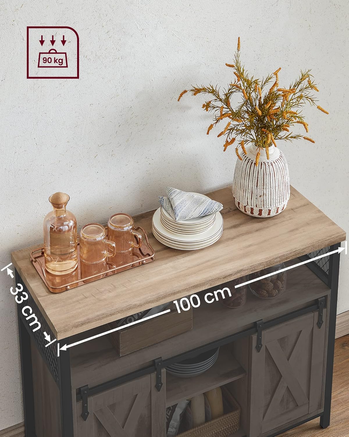 Buffet Cuisine, Meuble de Rangement, Commode, avec 2 Portes Coulissantes, 33 x 100 x 80 cm, Étagères Réglables, pour Salon, Marron Camel et Noir d'encre