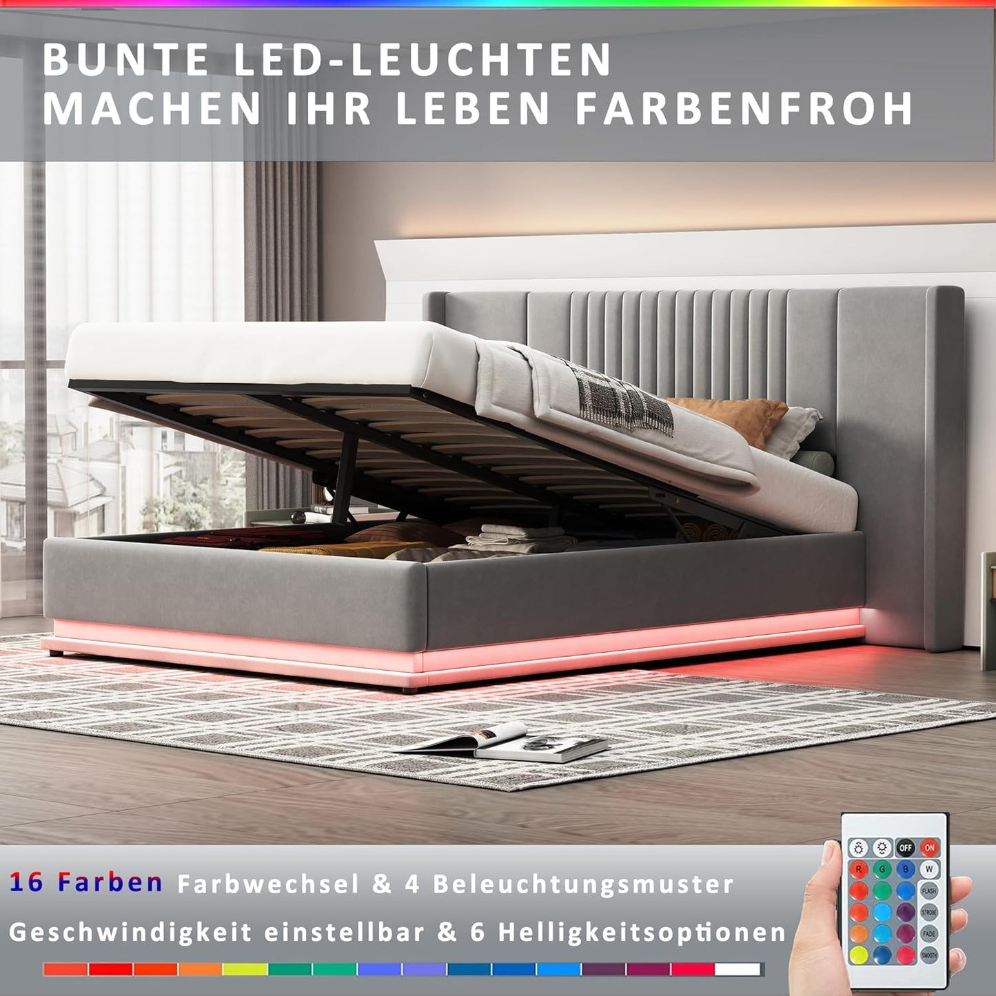 Lit capitonné de luxe 140 x 200 cm avec LED, espace de rangement hydraulique et sommier à lattes – Lit double moderne en velours, tête de lit allongée, charge maximale 350 kg, gris – Lit design