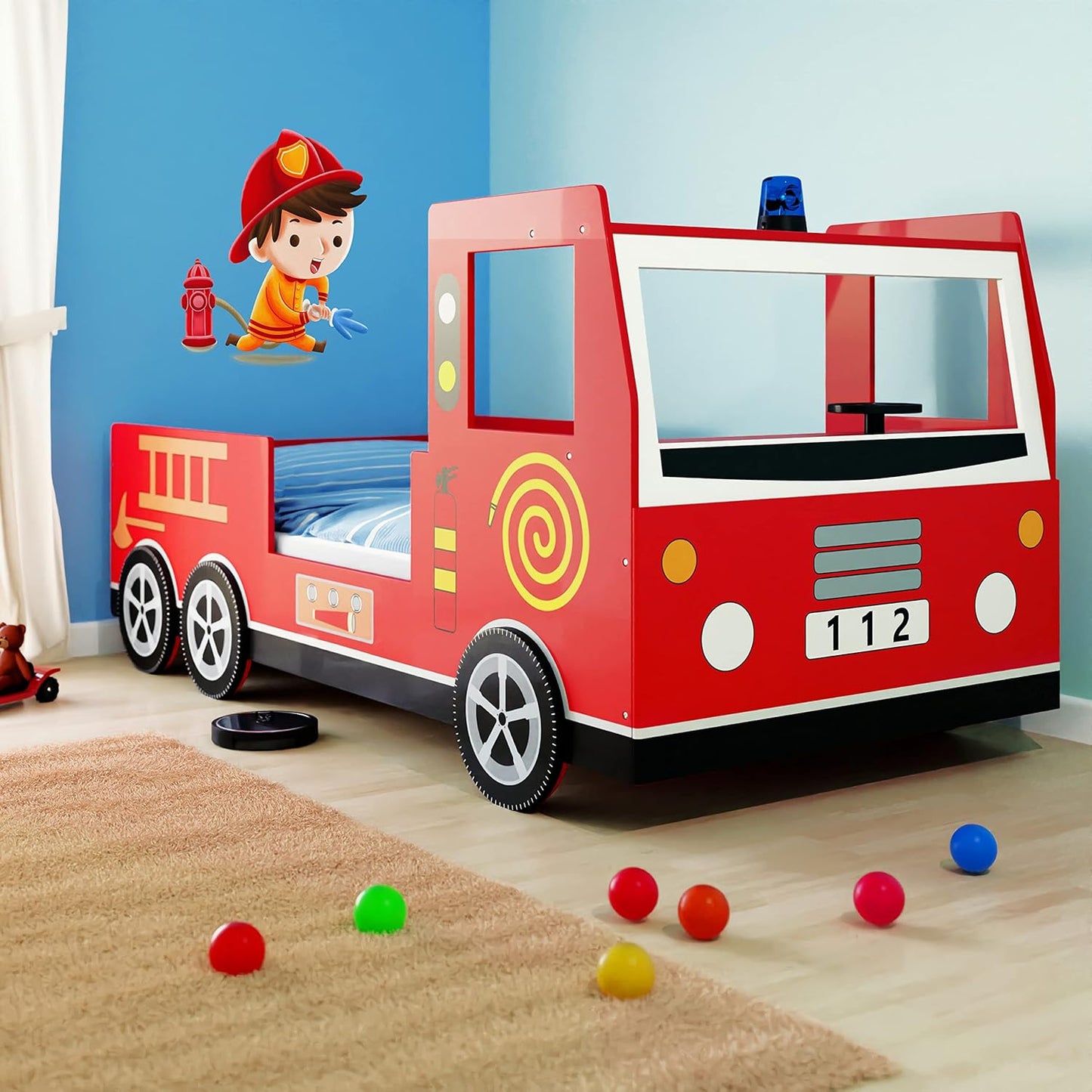 Lit Enfant Design Camion Pompier Rouge 90x200cm Lit pour Enfants avec sommier à Lattes Inclus ludique