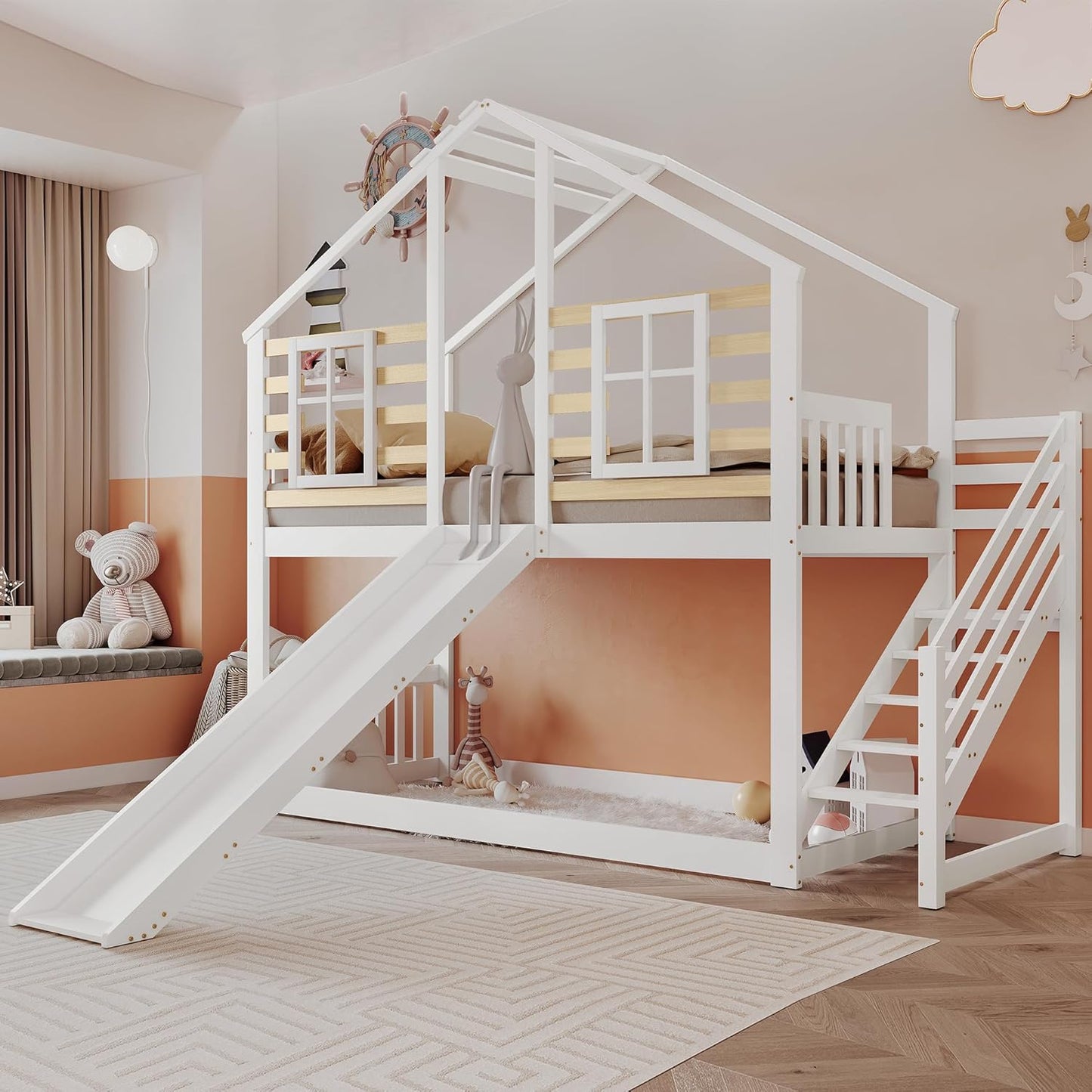 Lit superposé pour enfant en bois avec escalier et barreau, avec toboggan et fenêtre, lit d'enfant avec protection anti-chute, cadre de lit en bois massif, blanc