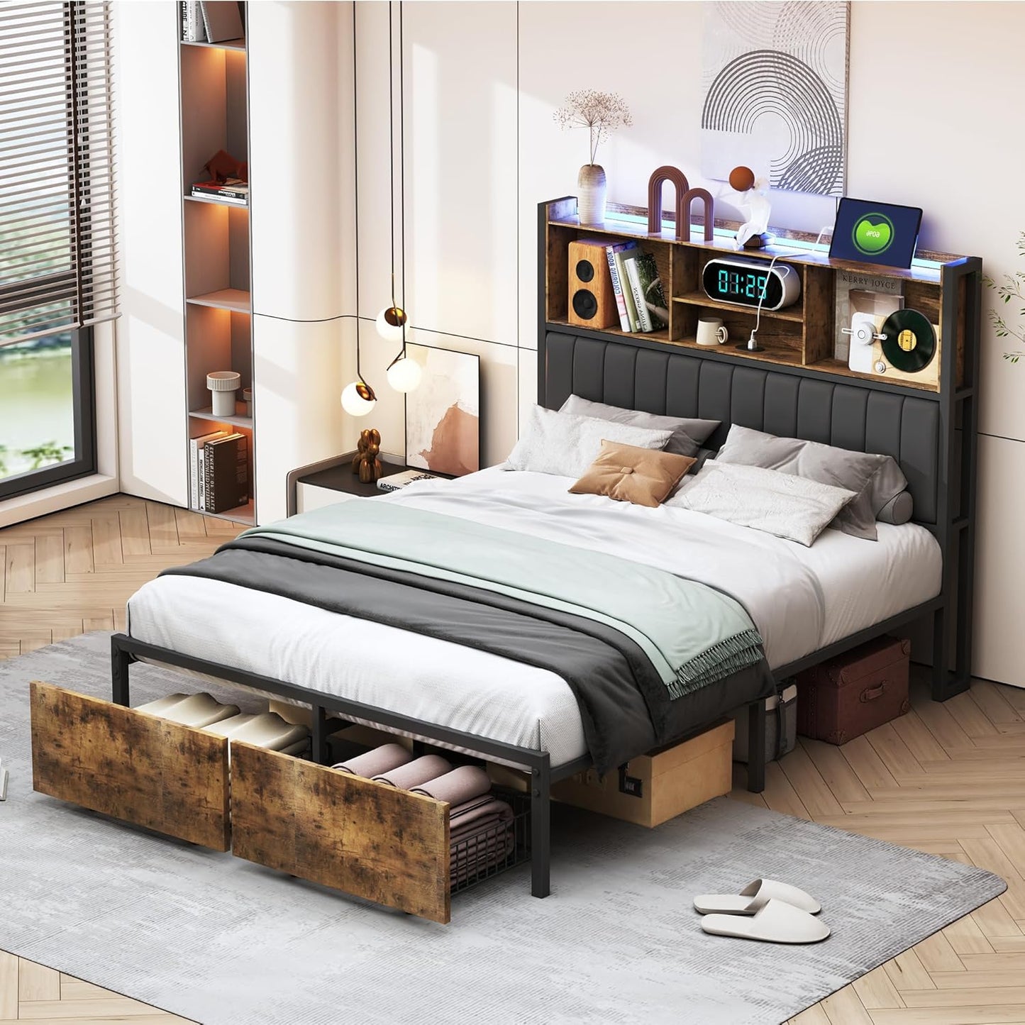 Double Upholstered Bed 160x200, Adult Metal Bed with 2 Drawers Storage Bed LED Upholstered Bed with USB Charging Double Bed with Storage Headboard Wood and Metal Storage Bed (160 x 200 cm)