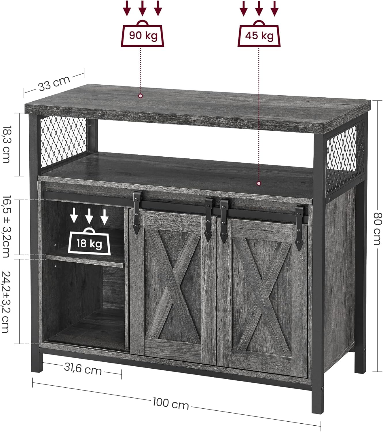 Buffet Cuisine, Meuble de Rangement, Commode, avec 2 Portes Coulissantes, 33 x 100 x 80 cm, Étagères Réglables, pour Salon, Marron Camel et Noir d'encre